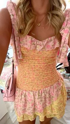 Yellow And Pink Aesthetic Outfit, Dresses Cute Aesthetic, Things To Sew Clothes, Pref Round Outfits Sorority, Pink Aesthetic Shopping, Pink Clothing Aesthetic, Loveshackfancy Outfit, Pink And Yellow Aesthetic, Loveshackfancy Aesthetic