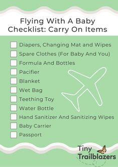 a baby checklist with the words flying with a baby and an airplane on it