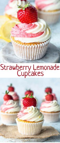 strawberry lemonade cupcakes with white frosting and fresh strawberries on top