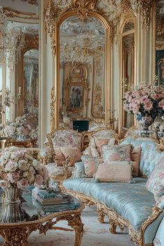 an ornately decorated living room with blue couches and pink flowers in vases