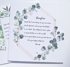 two greeting cards with eucalyptus leaves and the words daughter written in gold foil on them