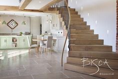 Bisca's stacked oak staircase Barn Conversion Kitchen, Converted Barn Homes, Barn House Conversion, Barn Conversion Interiors, Denmark House, Bungalow Conversion, Styled Kitchen, Stairs In Kitchen