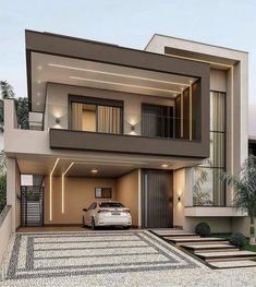 a car is parked in front of a modern house with stairs leading up to the second floor