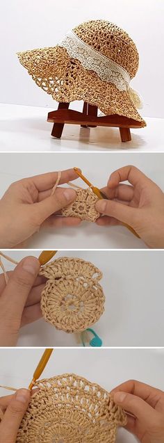 three pictures showing how to crochet a straw hat