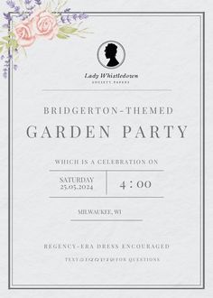 an elegant garden party with pink roses and greenery on the front, in white paper