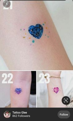 some tattoos that are on someone's arm and one has a heart shaped tattoo