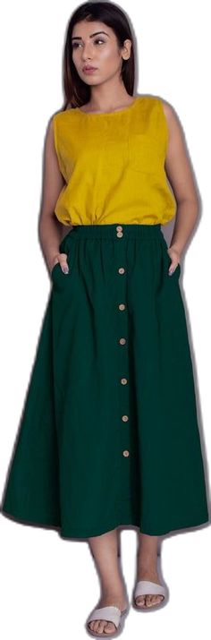 Long Cotton Skirt With Buttons, Long Skirt With Button Closure, Button-up Cotton Skirt With Buttoned Pockets, Cotton Button-up Lined Skirt, Relaxed Cotton Skirt With Buttons, Knee-length Cotton Skirt With Buttons, Cotton Skirt With Button Closure, Relaxed Full Skirt With Buttons, Green Skirt With Button Closure