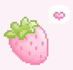 a pixelated image of a pink strawberry with green leaves