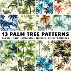 palm tree patterns in various colors and sizes with the text, 13 palm tree patterns