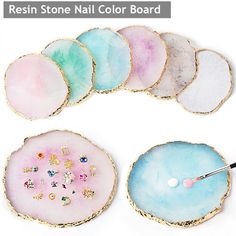 Description: Made of resin material, imitate Natural agate gemstones, with golden edge covering, round shape and elegant vibrant color, looked vivid like real agate ,but more wear –resistant and broken resistant. Each piece of this irregular free shape, almost circle or oval, is handcrafted with care making it unique and extraordinarily. Can be used for nail art color mixing Palette, and other color mixing plate, such as salon hair dressing, art painting, cosmetic make up area etc. Also great for jewelry display pad, art crafts and home decoration, hanging ornament, table decoration, drink coasters, cup mat etc Specification: Item: Nail Art Agate Palette Color: White, Pink, Blue, Purple,Green,Grey Weight: 65g Size: About 10*9*1cm / 3.9*3.5*0.4in Usage: It can be used as a palette or a prop Nail Shed, Palette Display, Resin Agate, Resin Plate, Nail Organization, Nail Art Paint, Nails Classic, Fashion Accessories Diy, Nails Minimalist