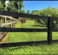 a black fence in the middle of a grassy field