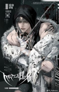 an anime character with chains around his neck and hands on his chest, in front of a black background