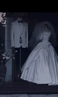 a bride's dress and tuxedo are on display in a shop window