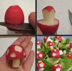 four pictures with different types of vegetables and fruit in them, including an apple shaped like a person's head