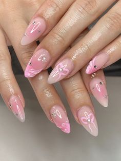 Cute Almond Nails, Almond Nails Pink, 3d Nail Designs, Cute Pink Nails, Pretty Gel Nails, Cute Gel Nails, Soft Nails, Gem Nails, Cuticle Pusher