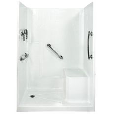 a white shower with chrome fixtures and hand rails on the side, against a white background