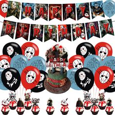 a birthday party set up with balloons, cake and decorations for a horror themed birthday