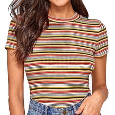 Milumia Women's Casual Multi Striped Ribbed Short Sleeve Solid Tee Knit Top Fits More Like A Crop Top. 70s Style, Very Comfortable Has Tag, Just Unattached. Striped Stretch Knit Top With Crew Neck, Trendy Fitted Striped Knit Top, Fitted Striped Knit Top With Crew Neck, Fitted Striped Crew Neck Knit Top, Striped Ribbed Knit Tops, Trendy Striped Knit Tops, Retro Ribbed Summer Top, Retro Ribbed Striped Tops, Retro Ribbed Tops For Summer