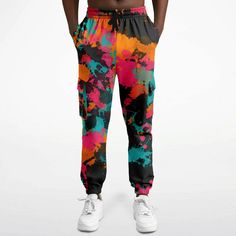 Fiesta Colors Paint Splatter Unisex Cargo Joggers (Fleece Lined) – BigTexFunkadelic Tie Dye Bottoms With Pockets For Streetwear, Tie-dye Bottoms With Pockets For Streetwear, Casual Graffiti Print Pants For Streetwear, Casual Graffiti Print Streetwear Pants, Spring Cargo Style Sweatpants For Streetwear, Spring Urban Cargo Style Sweatpants, Hip Hop Cargo Pants With Elastic Waistband, Multicolor Sweatpants For Streetwear In Spring, Casual Graffiti Print Bottoms For Streetwear