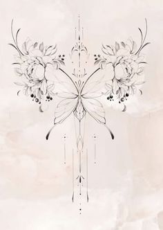 a black and white drawing of two butterflies with flowers on it's wings in the sky