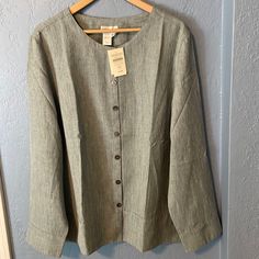 Nwt Coldwater Creek Button Front Jacket. Size Xxl. 100% Polyester, But Looks And Feels Like Linen. The Color Is A Chameleon, Bluish Greenish Grayish. Reminds Me Of The Ocean. Stored And Shipped From A Smoke. Free Home. Feel Free To Make Offers Or Bundle 2 Items For A 20% Discount. Gray Button-up Outerwear With Button Cuffs, Gray Spring Outerwear With Button Cuffs, Spring Casual Outerwear With Functional Buttons, Casual Spring Outerwear With Functional Buttons, Casual Fall Tops With Functional Buttons, Long Sleeve Tops With Functional Buttons For Fall, Wool Jackets Women, Cream Blazer, Short Sleeve Jacket