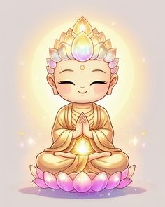 buddha sitting in lotus position with the sun shining behind him and his eyes closed to the side