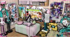 a room filled with lots of dolls and stuffed animals on top of the floor next to a bed