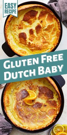 gluten - free dutch baby with orange slices in it and the title overlay reads easy recipe