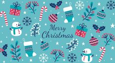 merry christmas greeting card with snowman, stockings and gifts on blue background stock photo