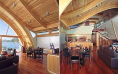 two pictures of the inside of a house with wood flooring and walls that are open