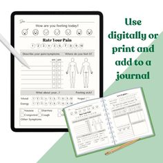 Track pain, mood, symptoms, triggers, food and more.  Keep track of how you're feeling each day and spot trends and triggers.  Download and add to your digital journal/notebook or print and add to a ring binder or stick into your journal. Symptom Tracker, Planner Templates, Feeling Sick, Digital Journal, Describe Yourself, Ring Binder, Do You Feel, Planner Template, Journal Notebook