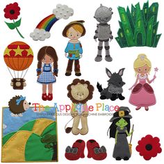 several felt toys are shown in various shapes and sizes