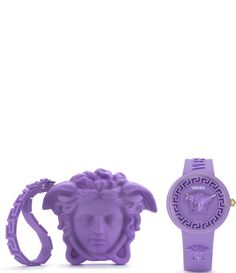 From Versace&#x2C; this women's watch set features: Purple silicone strap and caseMatte purple dialCase size approx. 38mmArdillon closureTwo-hand quartz movement Water resistance: 3 ATMImported. Purple Chronograph Watch Accessories With Round Dial, Purple Quartz Watch Accessory With Round Dial, Accessories Watches Women, Versace Women, Watch Set, Women's Watch, Dillard's, Luxury Watch, Designer Jewelry