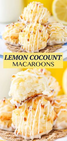 lemon coconut macaroons are stacked on top of each other