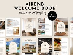 an airbn welcome book is displayed on the wall in front of many photos and text