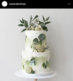 a three tiered cake decorated with greenery and button buttons on a white stand