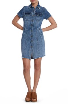 This casual-cool jean dress is designed with abbreviated sleeves and a feathery frayed hem. 35 1/2" front length; 36 1/2" back length Front button closure Spread collar Short sleeves 96% cotton, 3% polyester, 1% spandex Machine wash, tumble dry Imported Trendy Fitted Denim Dress With Frayed Hem, Fitted Denim Dress With Frayed Hem, Fitted Blue Denim Dress With Frayed Hem, Denim Blue Dress With Frayed Hem, Fitted Cotton Denim Dress With Frayed Hem, Fitted Denim Blue Dress With Frayed Hem, Trendy Dark Wash Dress With Frayed Hem, Medium Wash Denim Dress With Frayed Hem, Washed Blue Denim Dress With Frayed Hem