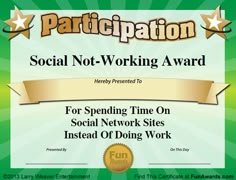 a certificate for social not - working award with stars and ribbons on the green background