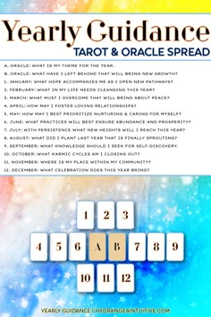 the year guide for tarot and oracle spread with numbers, words, and symbols