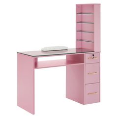 a pink desk with drawers and a mirror