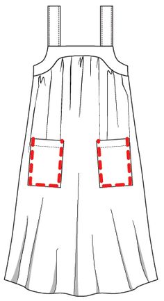 a white dress with red squares on the front and side pockets, as well as an attached