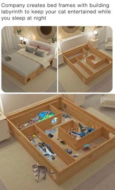 the bed frame is made out of wood and has many different things in it to make it