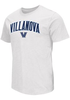 Show off your team pride in this Villanova Wildcats White Mason Short Sleeve T Shirt! This Villanova Short Sleeve Tee features a screen printed team wordmark and mascot on the front with team logo on back. Make sure everyone knows you root for the Wildcats with this White Villanova T Shirt. Go Wildcats! Screen printed arched team wordmark and mascot on the front, Screen printed team logo on back, Cotton Slub Tee (150GSM Knit), Unisex, Fit: True to Size, 100% Cotton White Tops With University Logo For Sports Season, University Logo Cotton Tops For Sports Season, Cotton Tops With University Logo For Sports Season, Collegiate White T-shirt With University Logo, Varsity Cotton Tops With University Logo, Cotton T-shirt With University Logo For Sports Season, Cotton Varsity Top With University Logo, University Logo Cotton Graphic Tee, University Logo Graphic Tee In Cotton