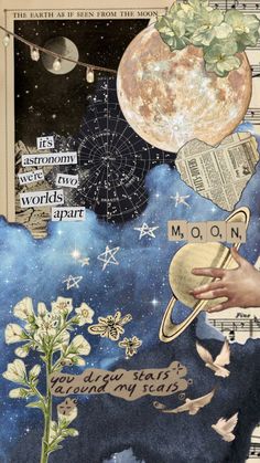 an altered collage with words, flowers and stars in the sky on top of sheet music