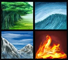 four different pictures with fire and water on them, one is an ocean wave the other is a tree