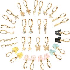 PRICES MAY VARY. Huggie hoop earrings set: there are 16 pieces of golden hoop dangle earrings of different styles, including star, moon, butterfly, snake, magic eye and other pendant ornaments, enough quantity and rich style to meet your collocations and decoration needs Stylish Gifts Choice: these small hoop earrings with charms will easily win the favors of most delicate women and girls; You can give them to your mother, sister, wife, girlfriend, cousin on occasions such as Valentine's Day, Mo Trendy Hoop Charms Jewelry, Trendy Hoop Jewelry With Charms, Trendy Gold Dangle Cartilage Earrings, Trendy Hoop Earrings With Dangling Charms As Gift, Trendy Gold Hoop Earrings With Dangling Charms, Trendy Gold Dangle Hoop Earrings, Trendy Small Hoop Earrings With Charms, Trendy Gold Earrings With Dangling Charms, Trendy Gold Dangle Huggie Earrings