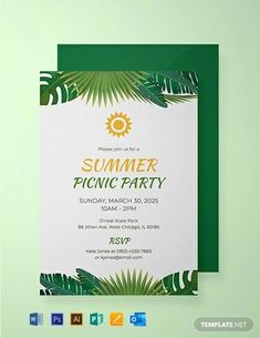 a green and white summer picnic party flyer with palm leaves on the front, and an orange sun in the middle