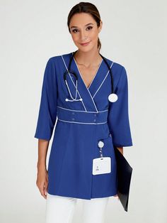 V-Neck Lab Scrubs Nurse Uniform  Overscrub Top With Pockets For Dental Clinic Veterinary Hospital Caregiving Workwear Blue Casual  Half Sleeve Woven Fabric Colorblock,Plain  Non-Stretch  Women Uniforms & Special Clothing, size features are:Bust: ,Length: ,Sleeve Length: Police Halloween Costumes, Police Costume, Dental Hospital, Women's Uniforms, Veterinary Hospital, Special Clothes, Nurse Uniform, Scrubs Nursing, Striped Long Sleeve Shirt