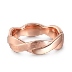 a rose gold wedding ring with an intertwined design on the side and a curved band