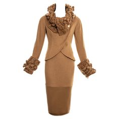 Winter Formal Beige Skirt Suit, Winter Beige Formal Skirt Suit, Brown Fitted Skirt Suit For Winter, Winter Brown Fitted Skirt Suit, Beige Fitted Skirt Suit For Winter, Elegant Fitted Brown Skirt Suit, Elegant Winter Wool Skirt Suit, Elegant Formal Brown Skirt Suit, Fitted Wool Skirt Suit For Winter